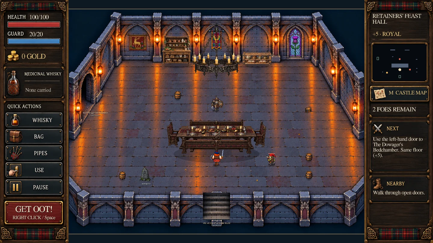 Long dining table, chandelier and clan tapestries in Retainers’ Feast Hall